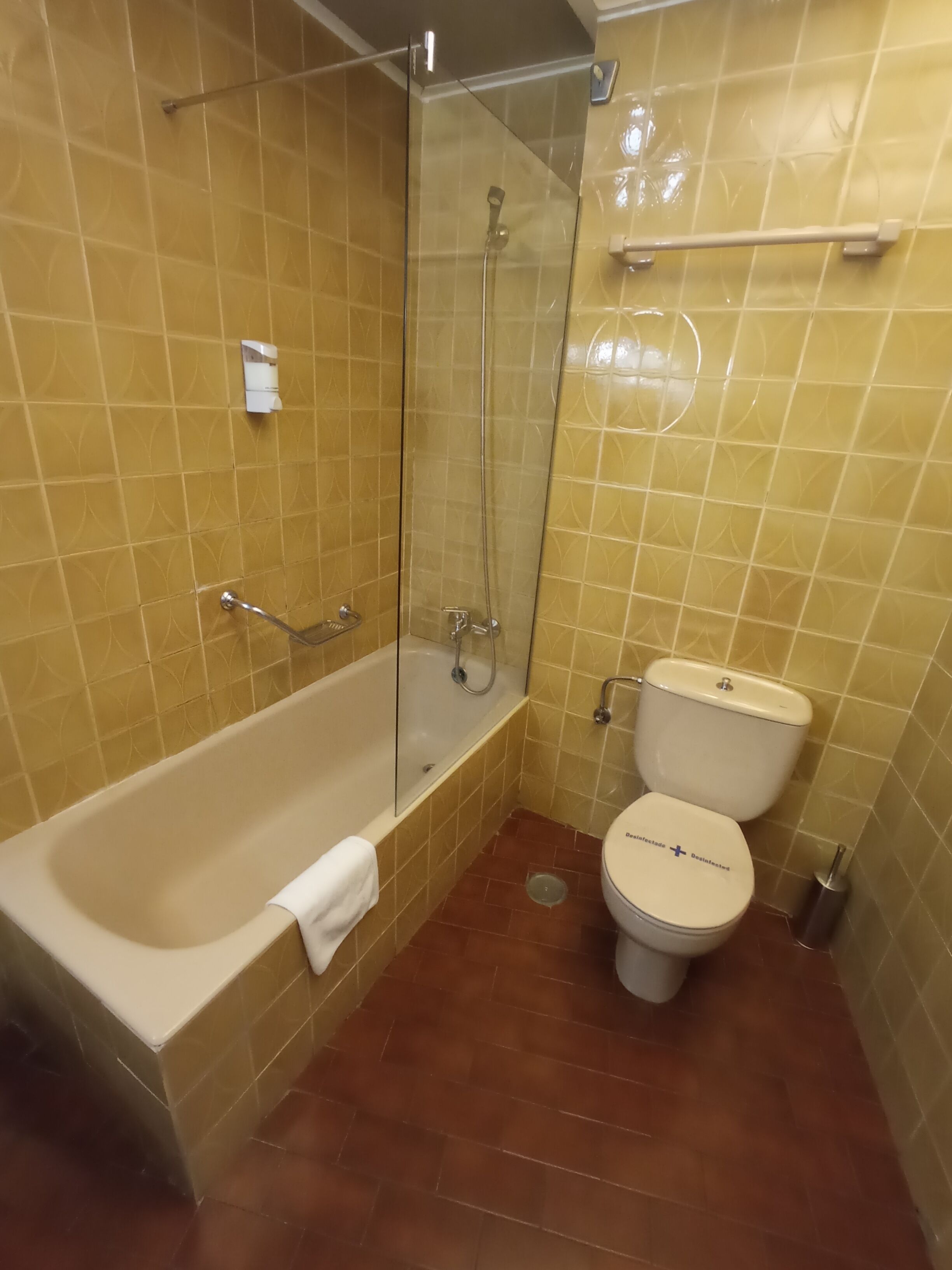 Un baño con bañera, inodoro y ducha envuelta en vidrio.