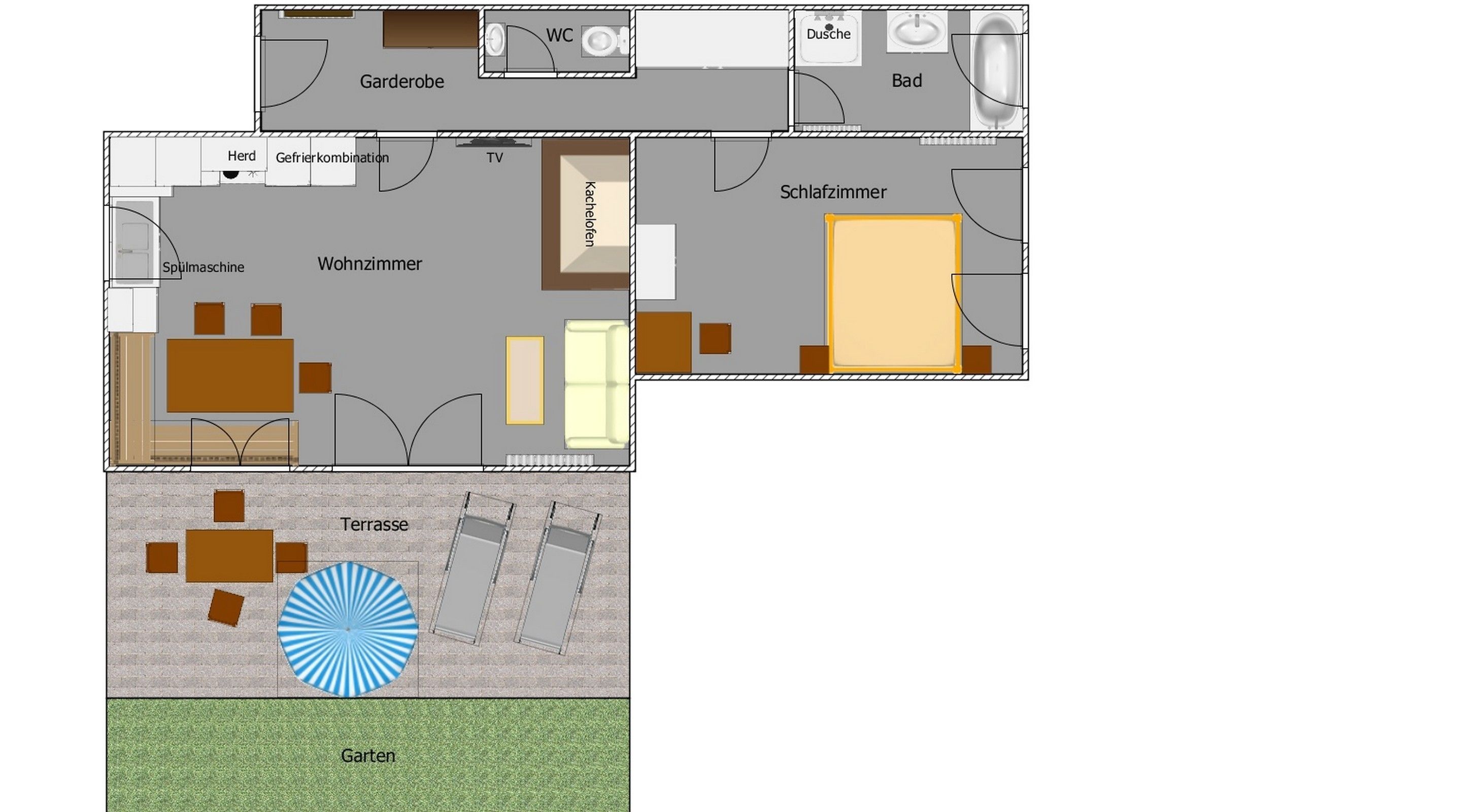 Un plan d’étage d’hôtel comprenant un salon, une chambre, une salle de bain et une terrasse.