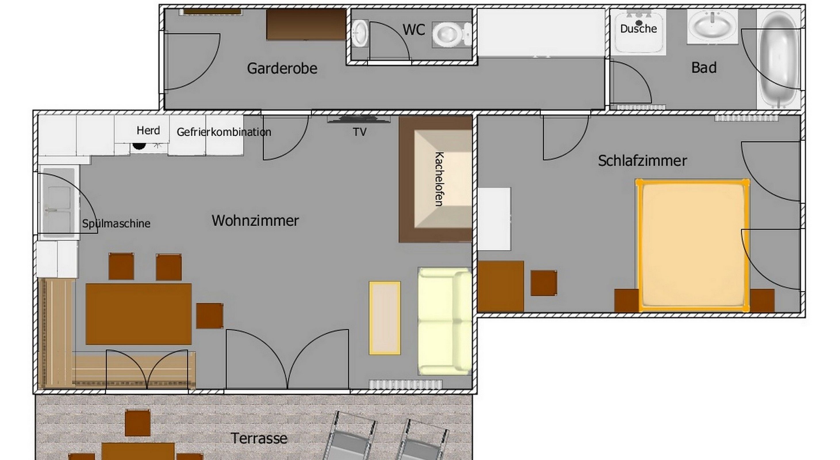 Un plan d’étage d’hôtel comprenant un salon, une cuisine, une salle de bain et une terrasse.