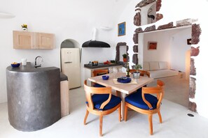House, 2 Bedrooms, Jetted Tub | Private kitchen | Full-size fridge, oven, stovetop, coffee/tea maker - Menias Cave House (Santorini)