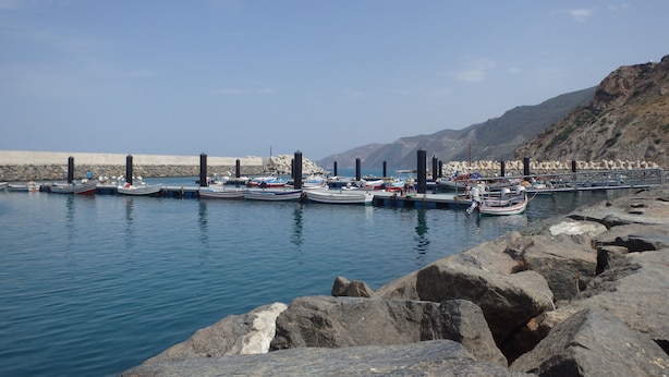 Ein Yachthafen mit vertäuten Booten, felsiger Küste und Bergen im Hintergrund.