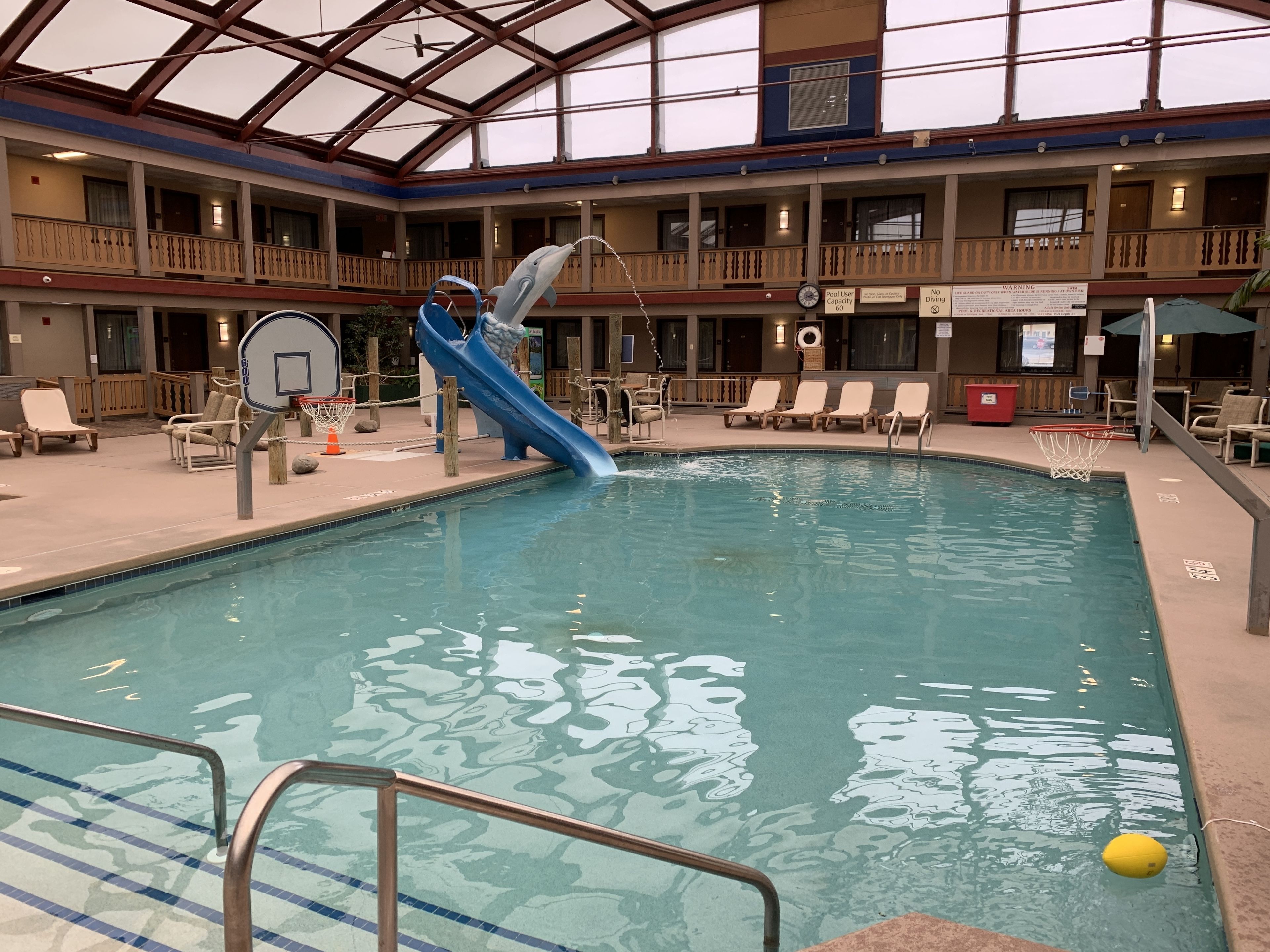 An indoor pool with a dolphin slide, lounge chairs, and a basketball hoop.