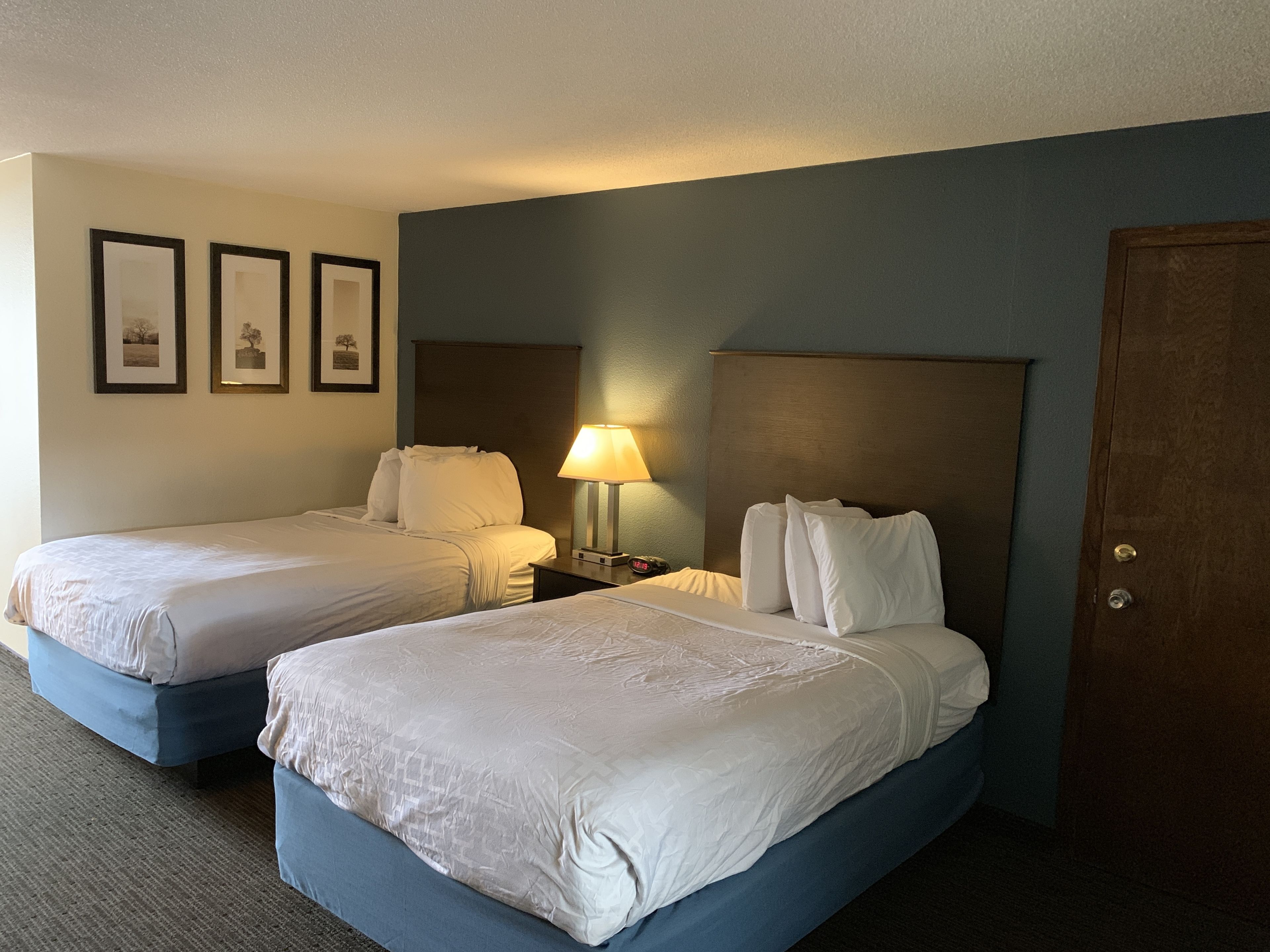 A hotel room with two beds, a nightstand with a lamp, and framed pictures on the wall.