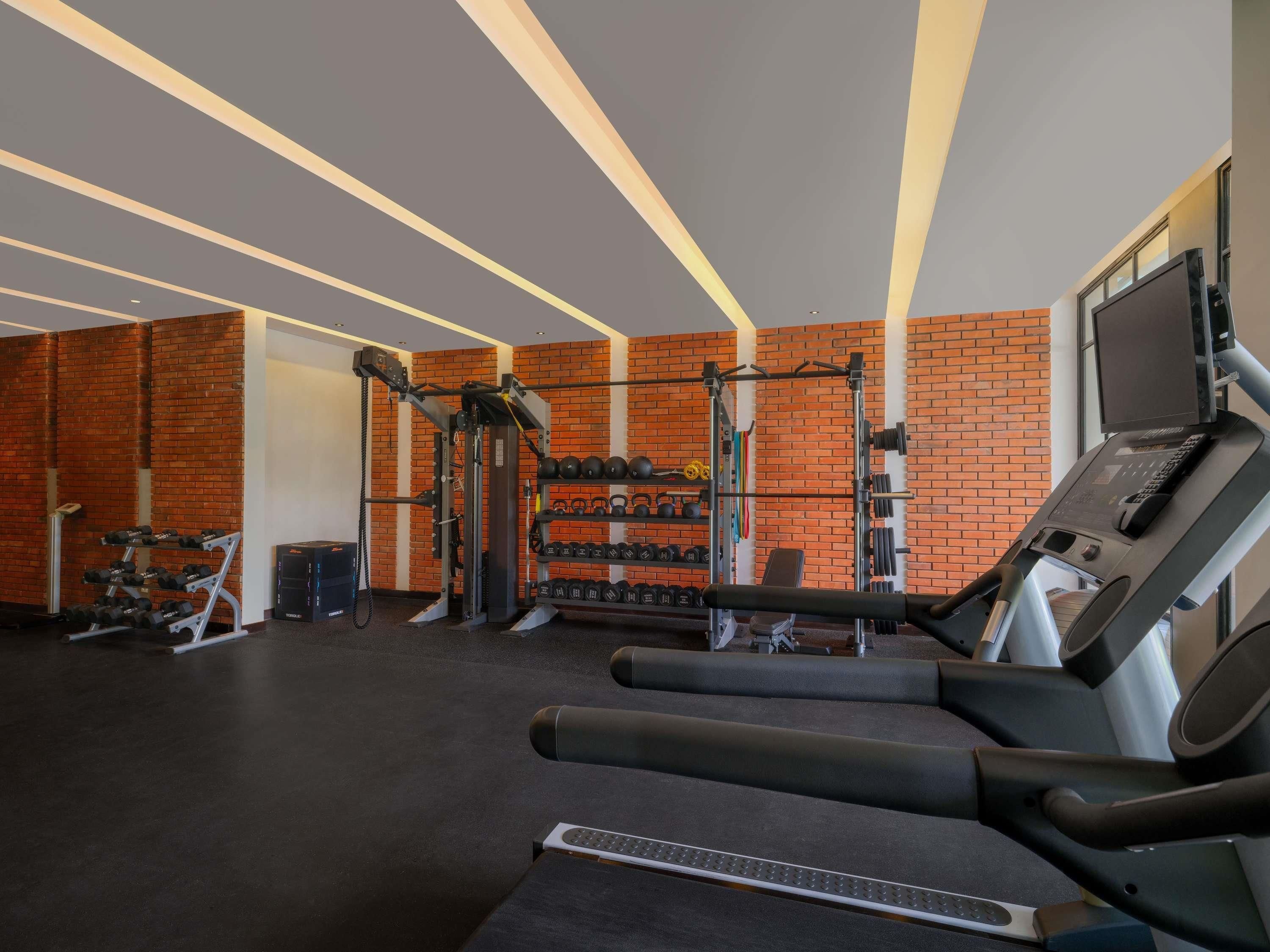 A gym with treadmills, weight machines, and a rack of dumbbells.