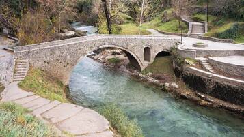 A stone bridge over a clear stream, surrounded by trees and a stone pathway.