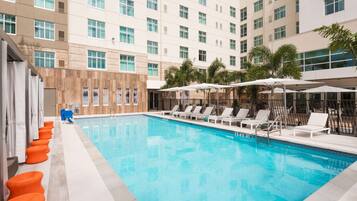 Una piscina al aire libre, sombrillas, sillones reclinables de piscina