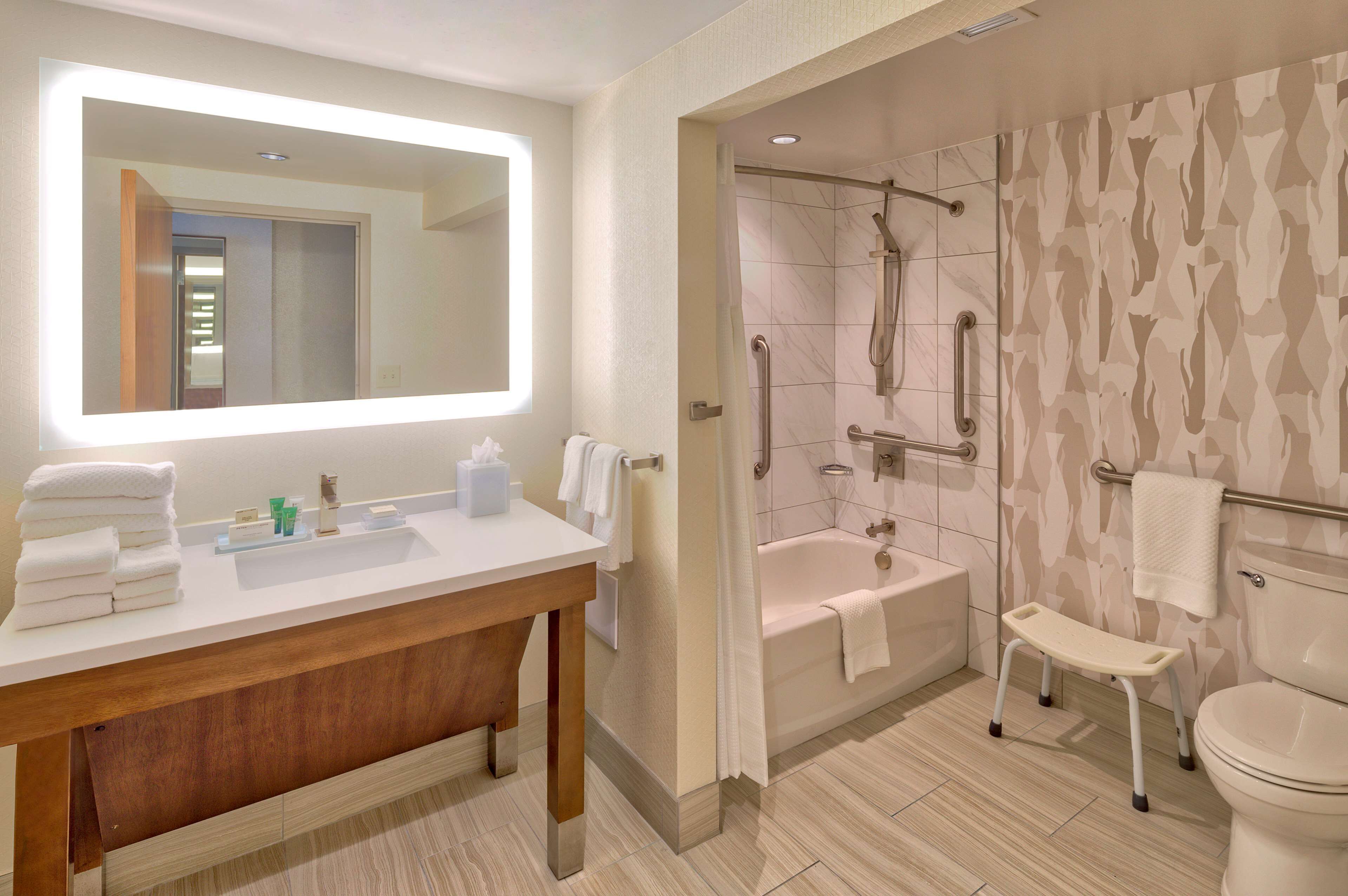 A modern bathroom with a vanity, sink, and mirror. It includes a shower with a handheld showerhead and a bathtub.