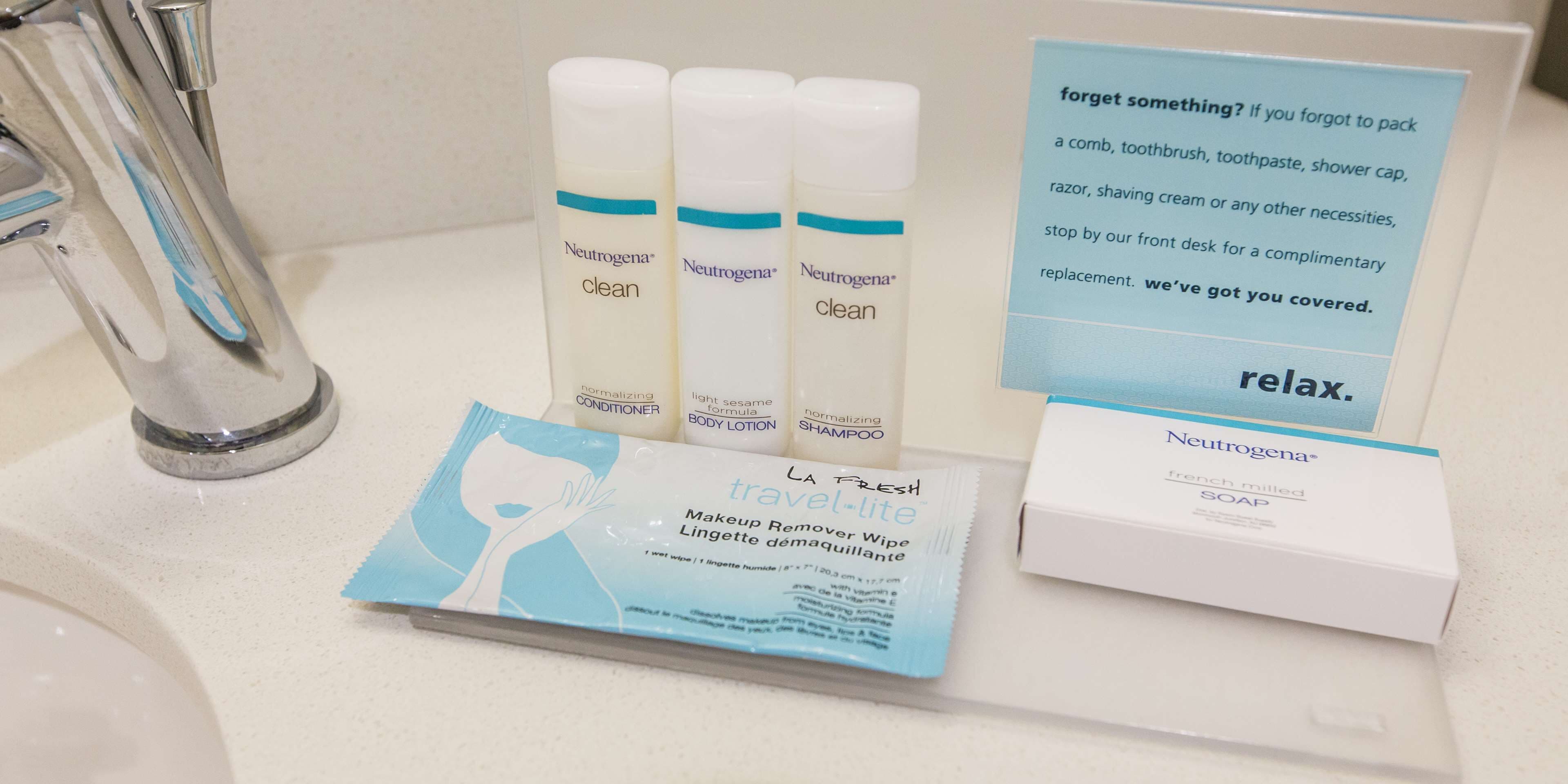 free toiletries, hair dryer, towels