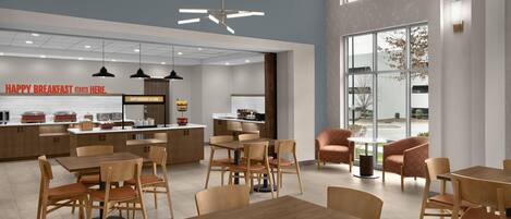 A modern breakfast area with a central counter, seating arrangements, and a large window providing a view.