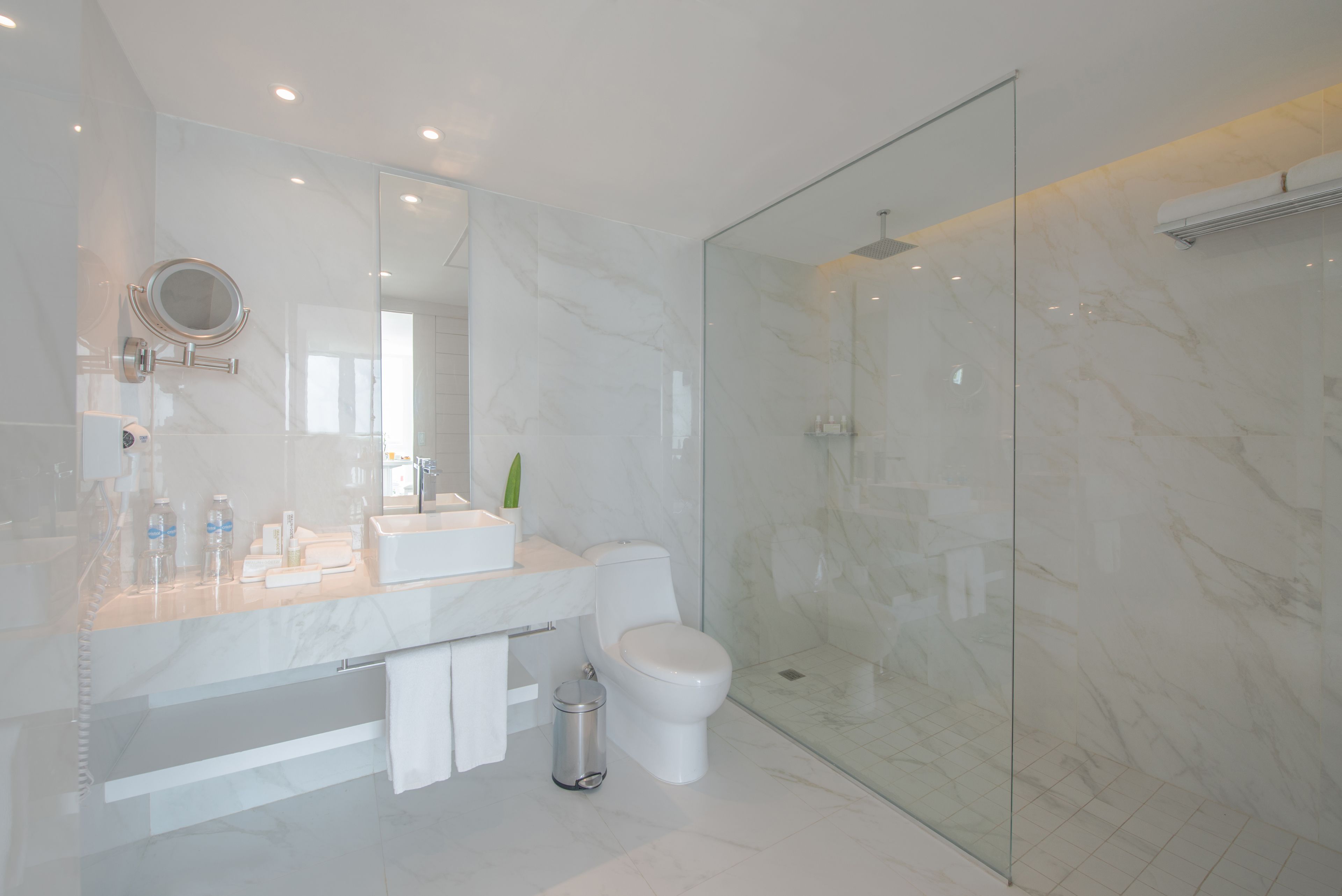 A modern bathroom with a glass-enclosed shower, a marble countertop, and a toilet.