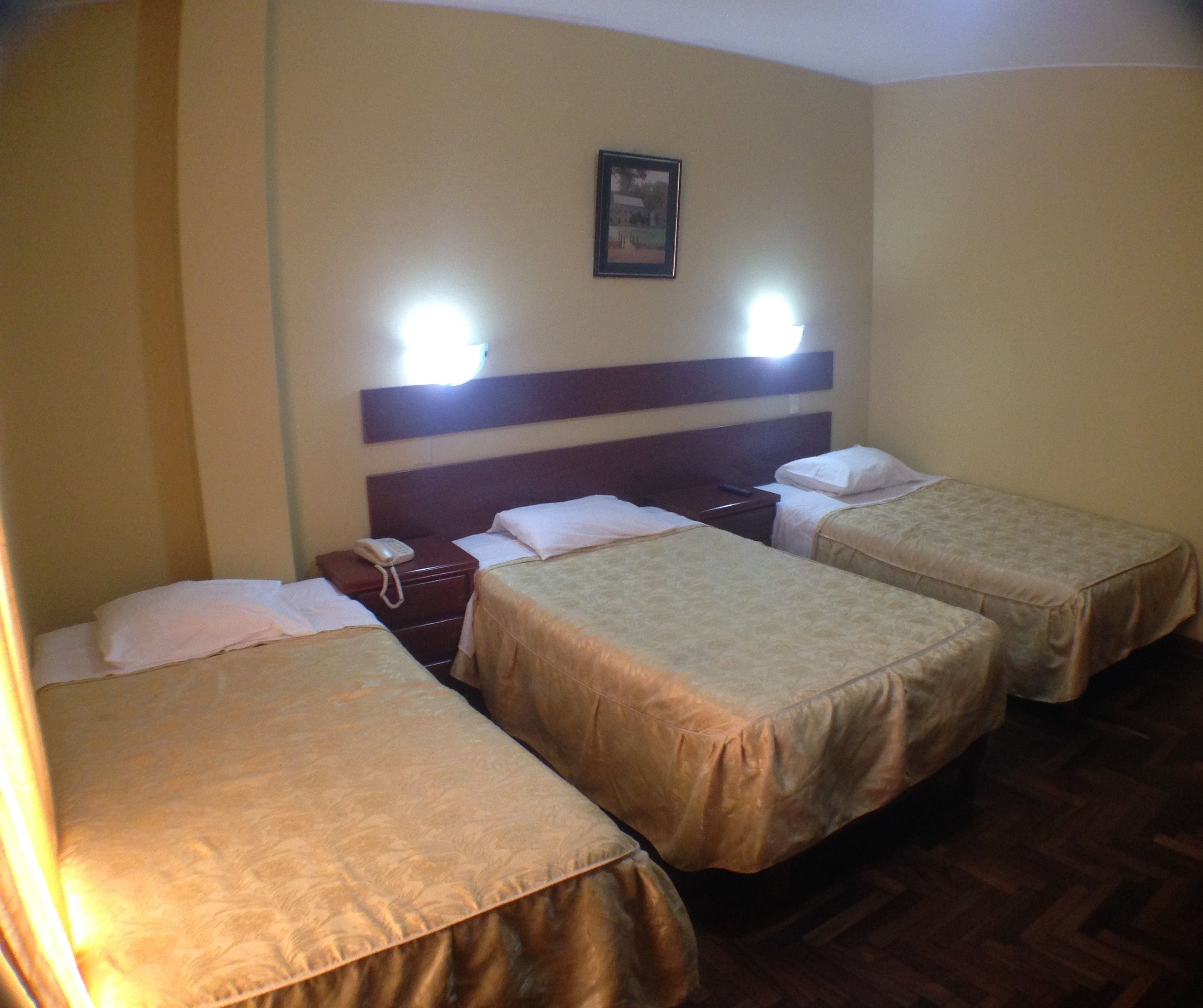 A hotel room with two single beds, a wooden headboard, a bedside table with a phone, and a framed picture on the wall.