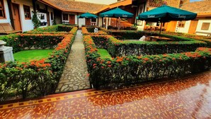 A courtyard with a stone pathway, green hedges, and orange flowers. There are outdoor tables and chairs under green umbrellas. - Hotel La Posada del Doctor (León)