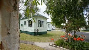 A single-story mobile home with a green exterior and white trim, surrounded by a grassy yard and a small garden with red flowers.