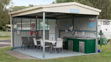 A covered outdoor area with a BBQ station, seating, and a no smoking sign.