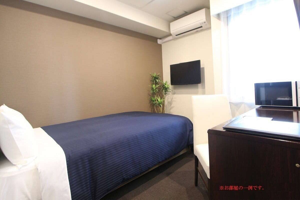 A hotel room with a bed, a desk, a TV, and a plant.