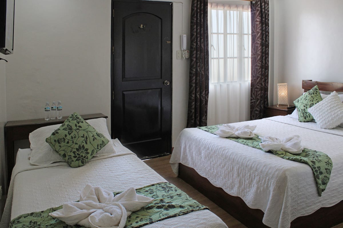 Habitación de hotel con dos camas, cada una con una colcha floral verde y ropa blanca. Hay toallas dispuestas sobre las camas, una mesita de noche con lámpara y una puerta con cerradura.