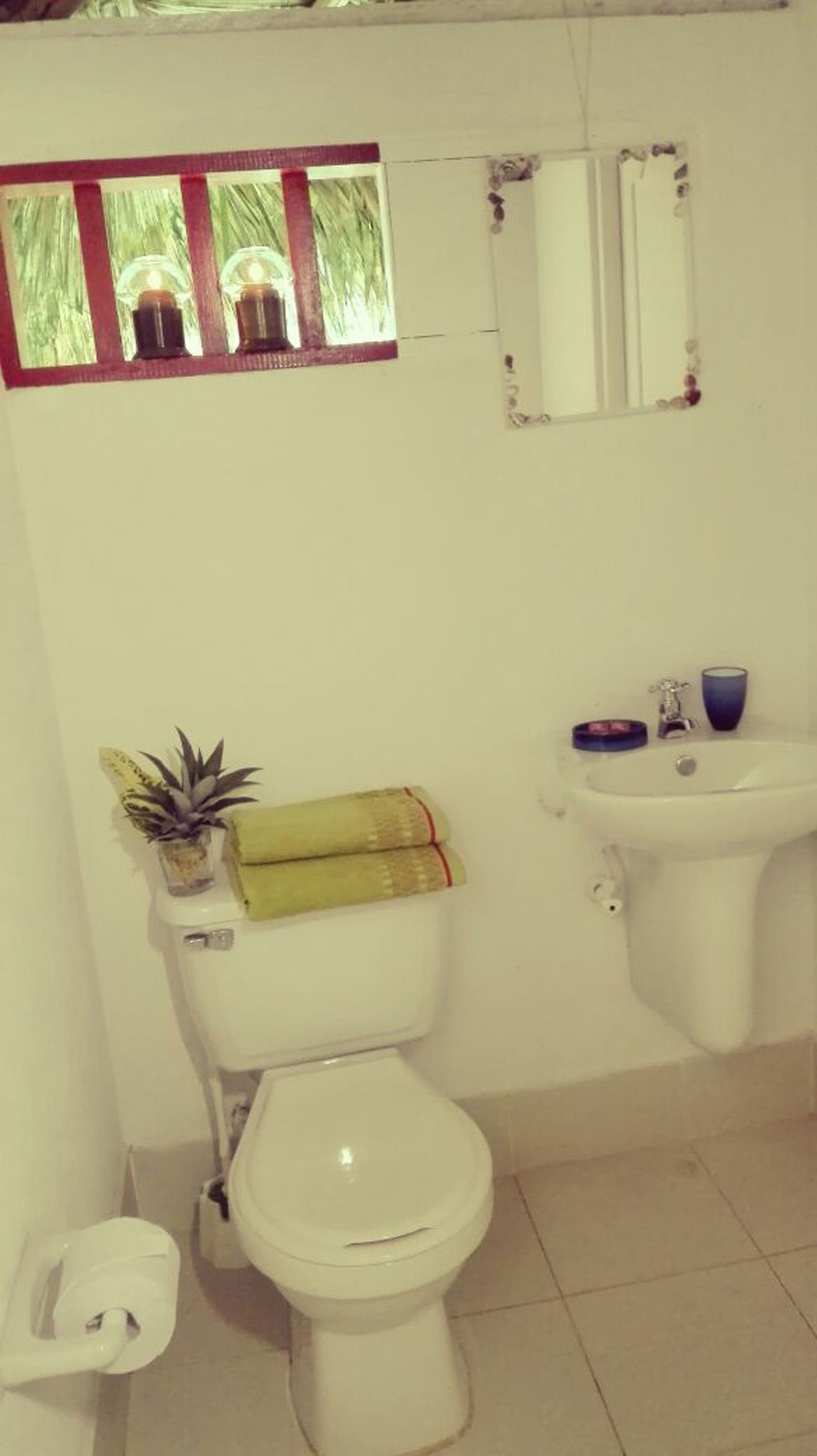 A bathroom with a toilet, sink, and a small mirror.