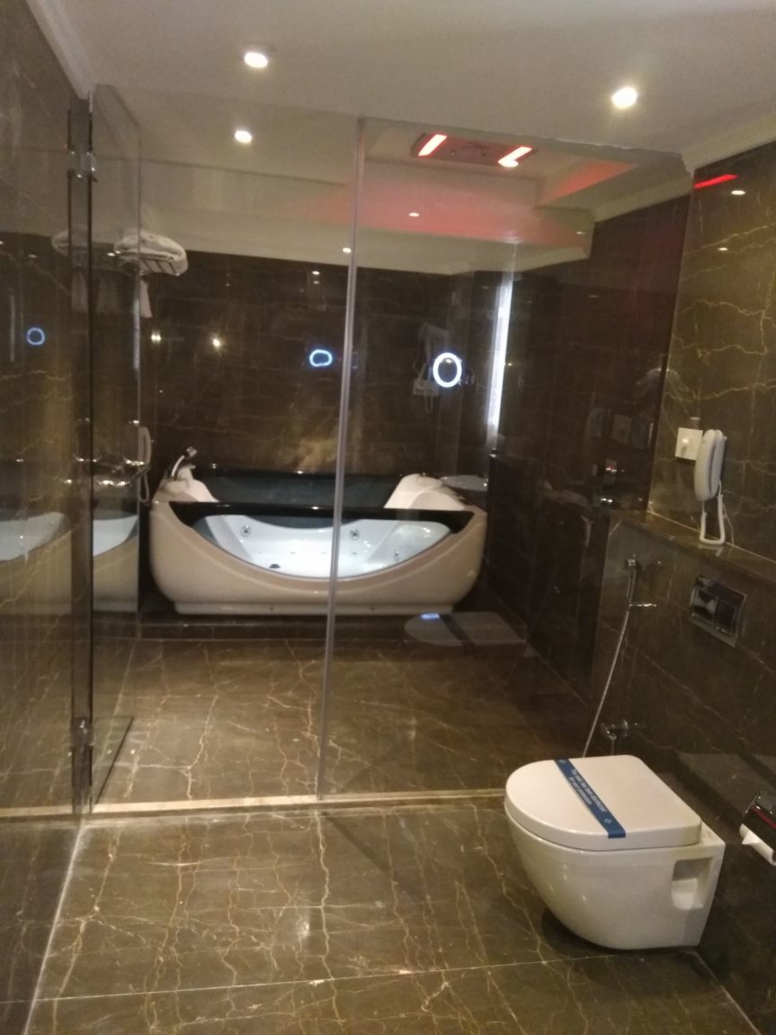 Un baño moderno con un jacuzzi con cerramiento de vidrio, un inodoro independiente y suelo de mármol.