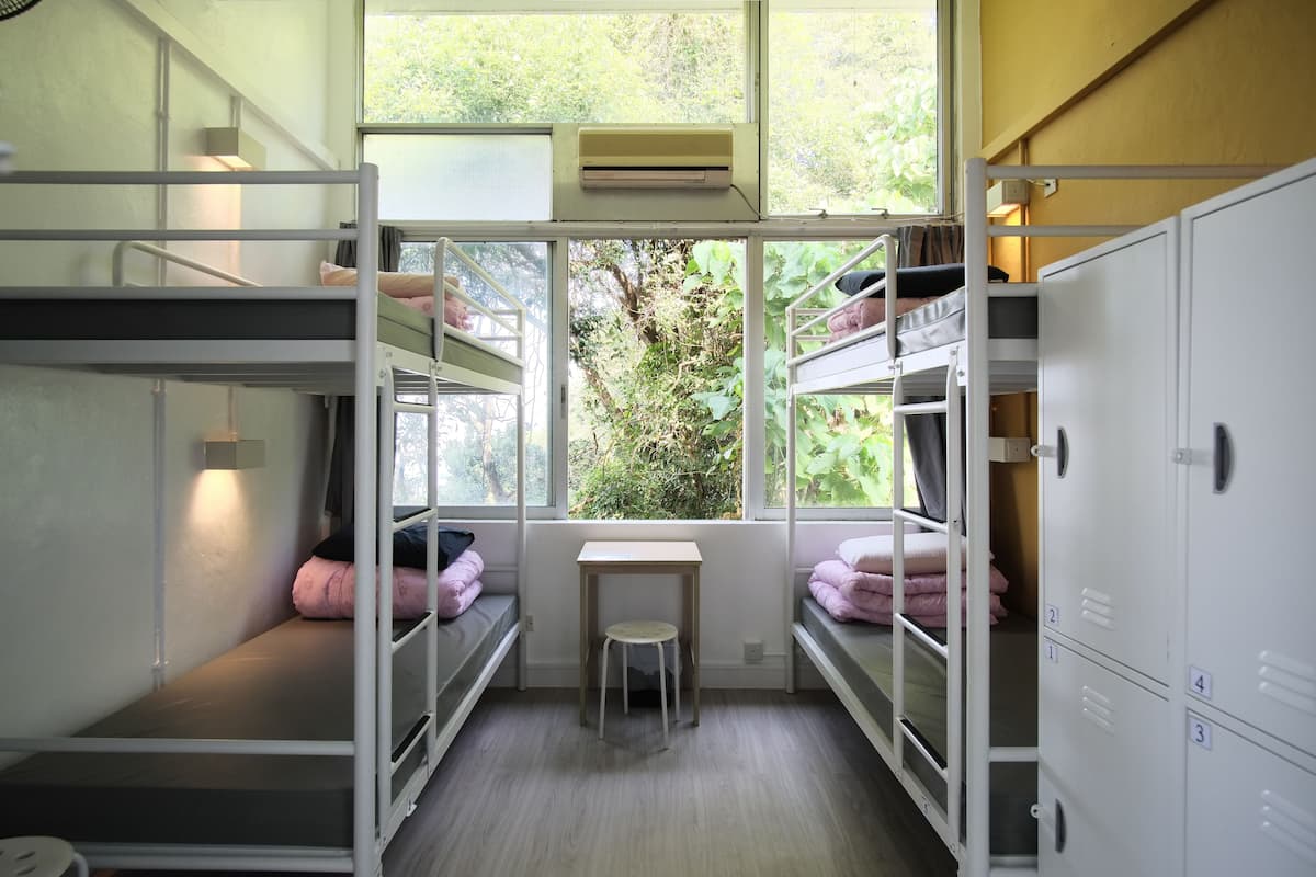 A dormitory room with bunk beds, a small table, and a window with a view of greenery.