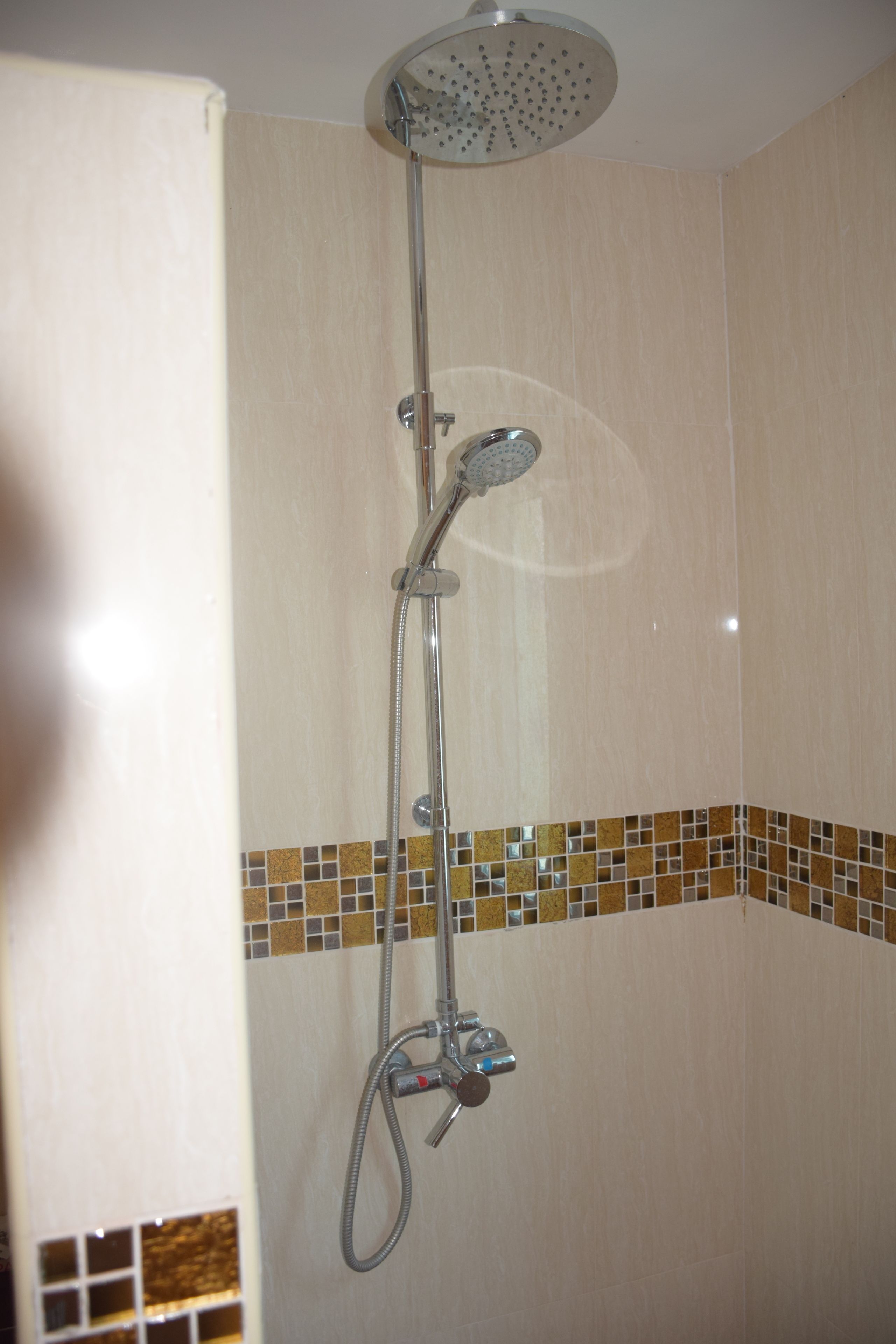 Eine Dusche mit Handbrause und Armatur an der Wand.