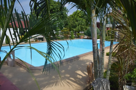 Outdoor pool, pool umbrellas, sun loungers
