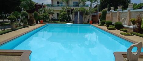 Outdoor pool, pool umbrellas, pool loungers