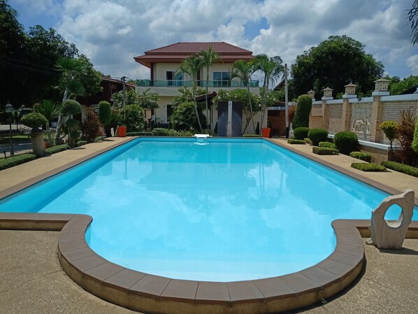 Outdoor pool, pool umbrellas, pool loungers