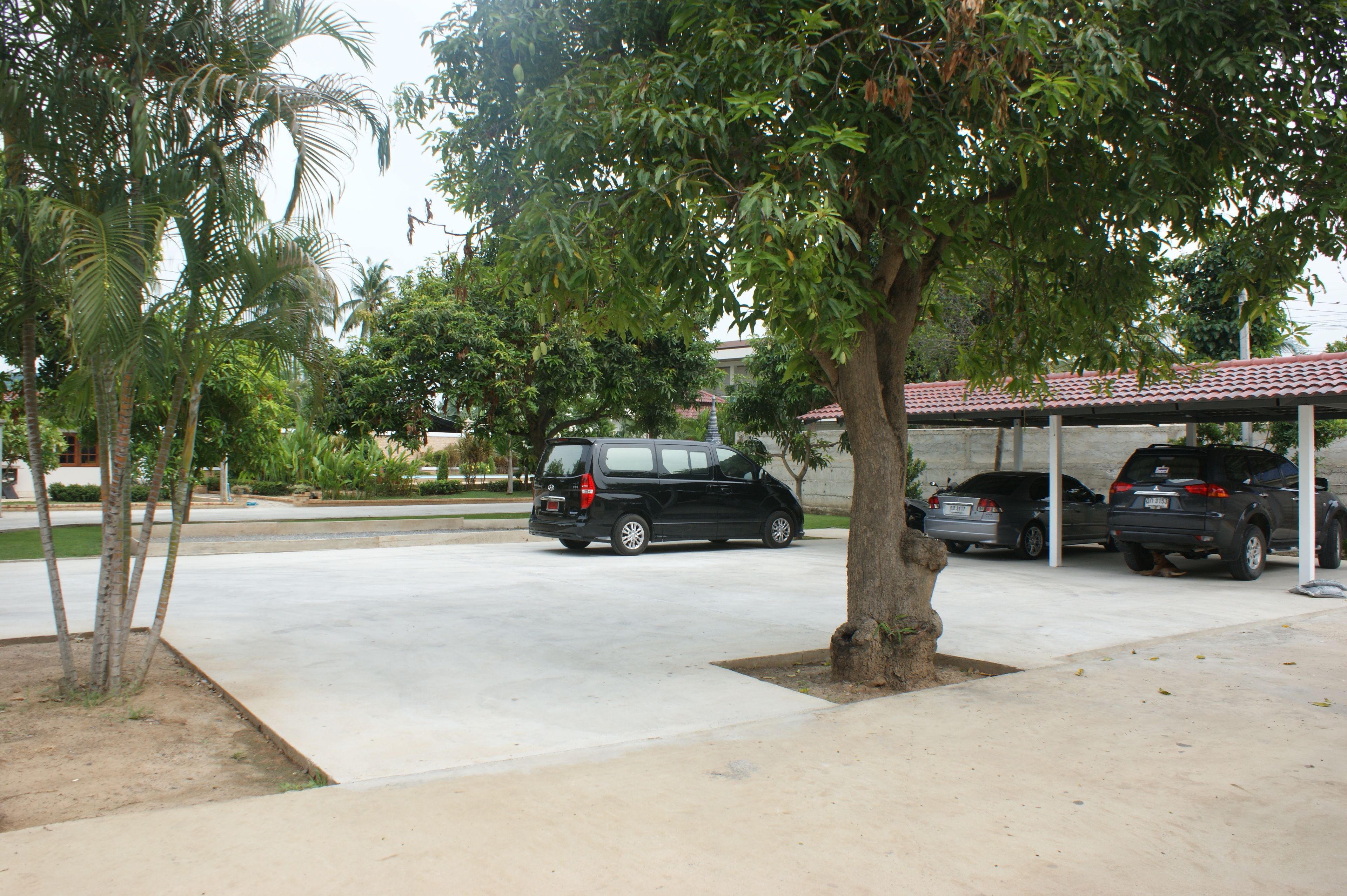 A parking area with a covered car wash station, a black minivan, and a tree-lined background.