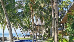 Un resort con piscina, palmeras y vistas al océano.