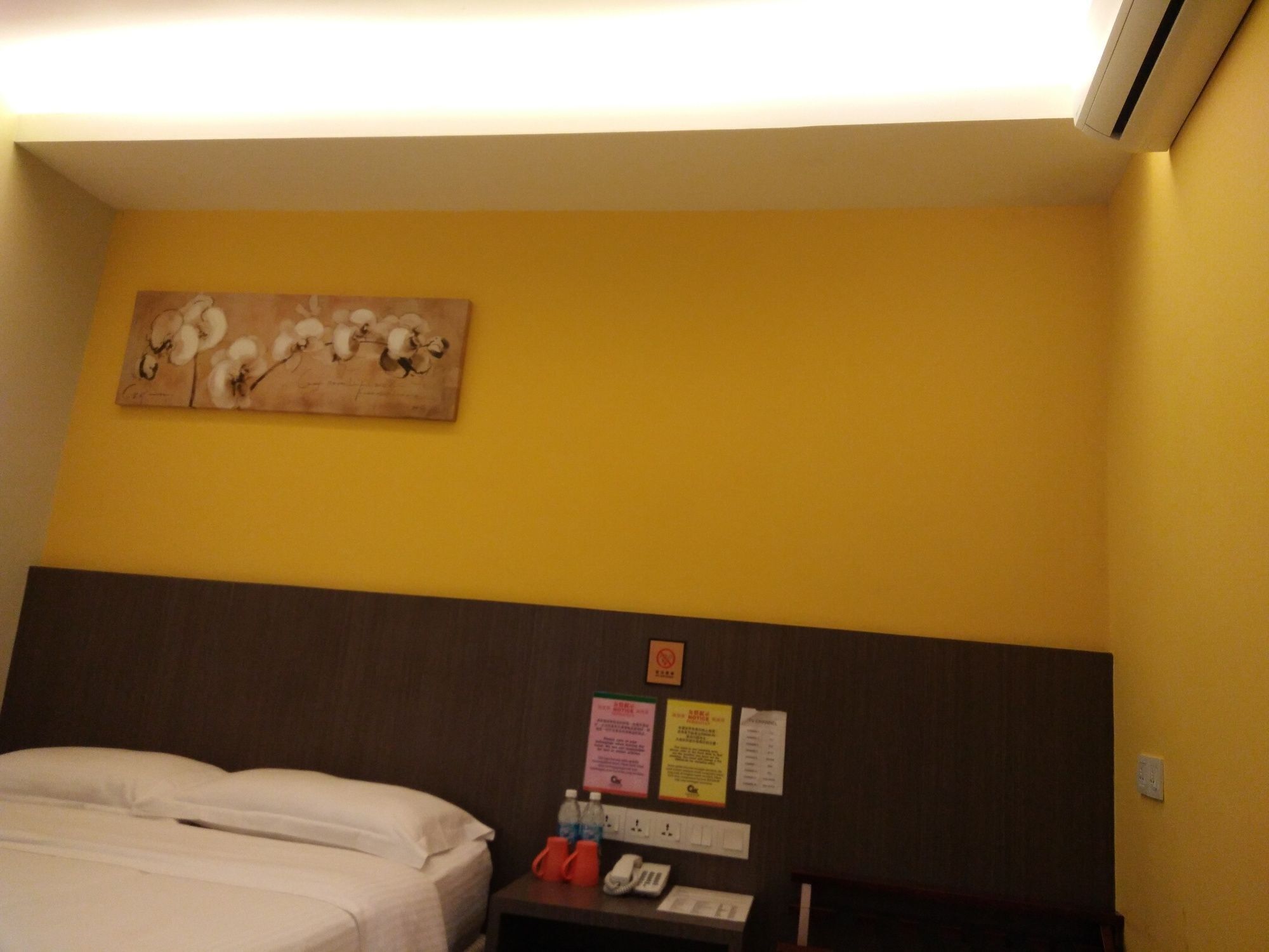 Une chambre d’hôtel avec un lit, un tableau au mur, une table de chevet avec un téléphone et un climatiseur fixé au mur.