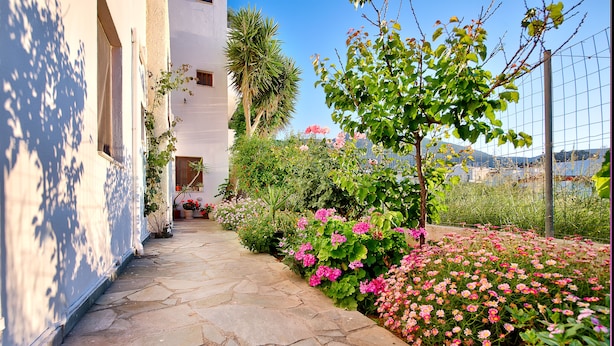 Ein steinbelagter Weg führt zu einem Gebäude mit einem Garten voller pinkfarbener Blumen und einem strahlend blauen Himmel.