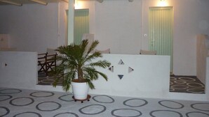 A hallway with a potted palm tree, a wooden gate, and a wall with geometric decorations. - Kochylas Studios (Skiros)