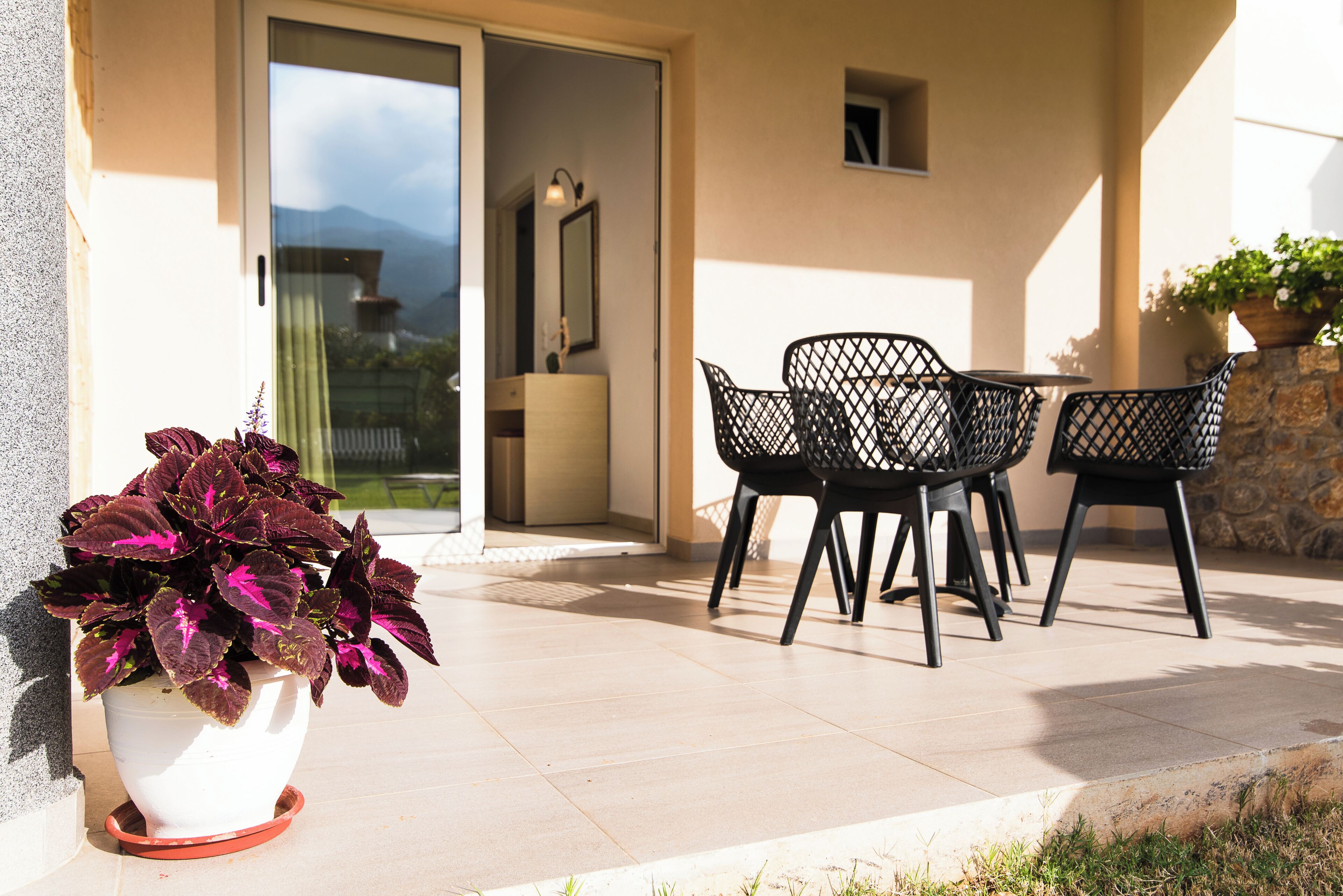 An outdoor patio with a table and chairs, a potted plant, and a view of a mountain through a glass door.