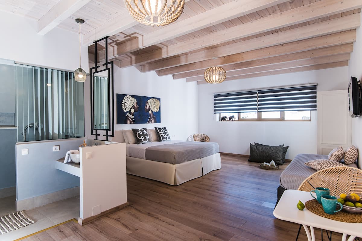 A modern living room with a bed, a sofa, a dining table, and a kitchen area.