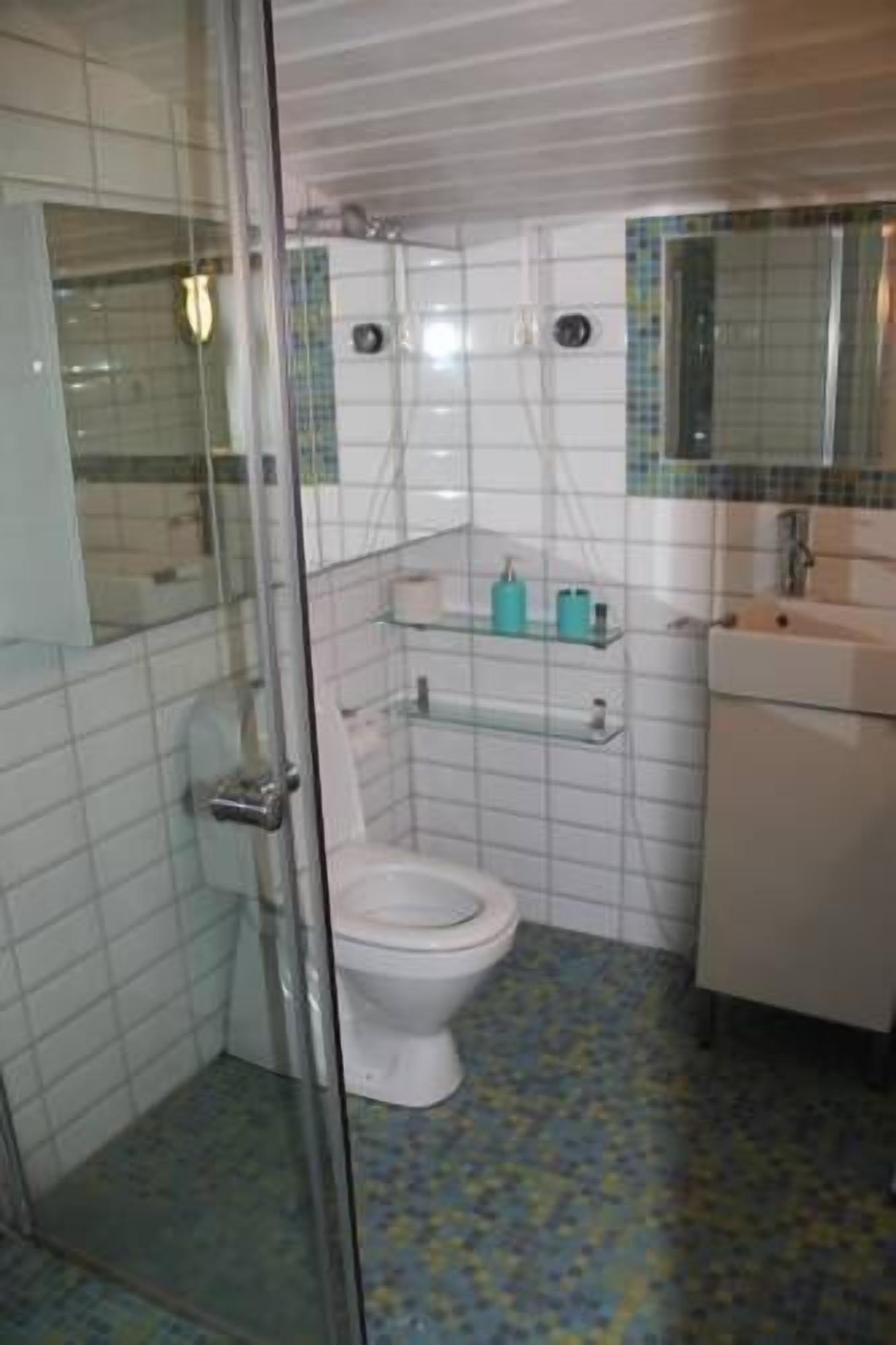 A bathroom with a toilet, a glass shower enclosure, a sink, and a mirror.