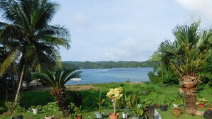 A garden with potted plants and a view of a lake. - G.A.U. Mechang Lagoon Resort (Koror)