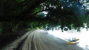A sandy beach with a canoe and a boat on the water, surrounded by dense foliage. - G.A.U. Mechang Lagoon Resort (Koror)
