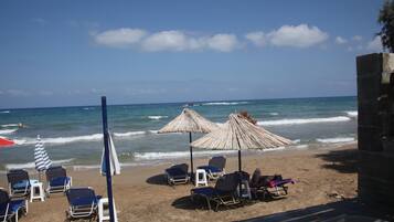 Beach nearby, sun loungers, beach umbrellas, beach bar