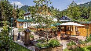 A wooden cabin with a green roof, surrounded by a garden with planters and outdoor furniture. - Pension Waldruhe (Grundlsee)