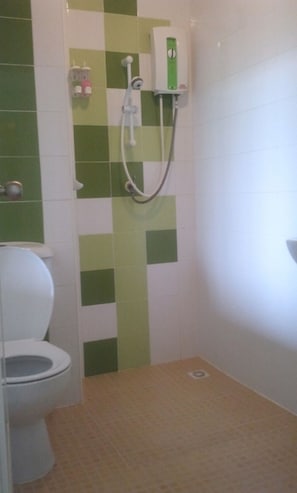 Een kleine badkamer met toilet, douche en een wandradiator.