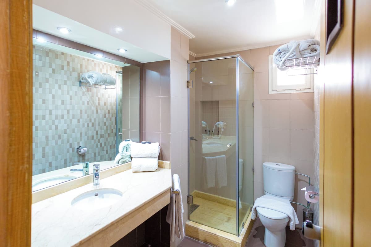 deluxe double room | bathroom | shower, free toiletries, towels