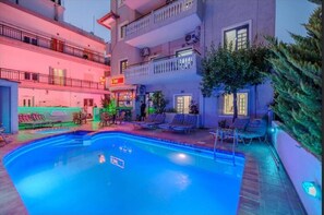 Outdoor pool, pool umbrellas, pool loungers