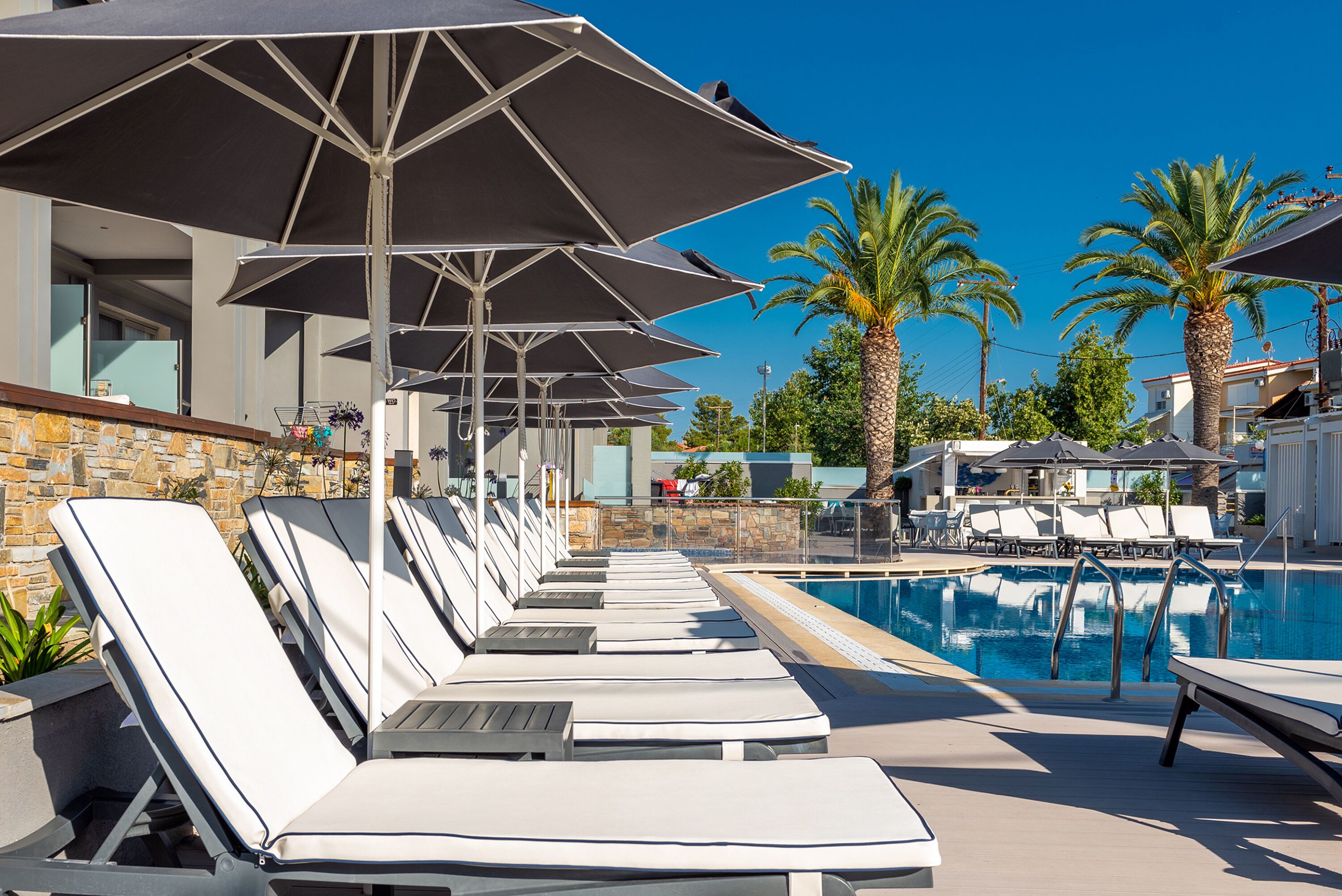 Un área junto a la piscina con sillas de descanso y sombrillas, una piscina y palmeras.