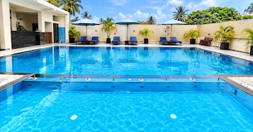 Una piscina con sillas de descanso y sombrillas, rodeada de palmeras y un cielo despejado.