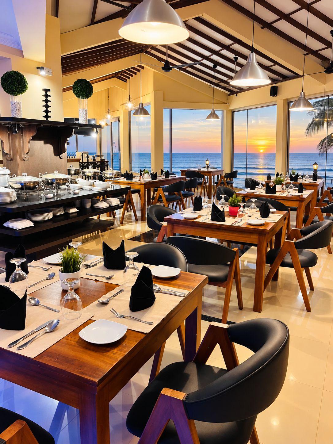 Un ristorante con tavoli apparecchiati per la cena, un'area buffet e vista sul tramonto sull'oceano.