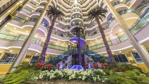 Un atrium de diversos nivells amb una font central, palmeres i una varietat de plantes d'interior.