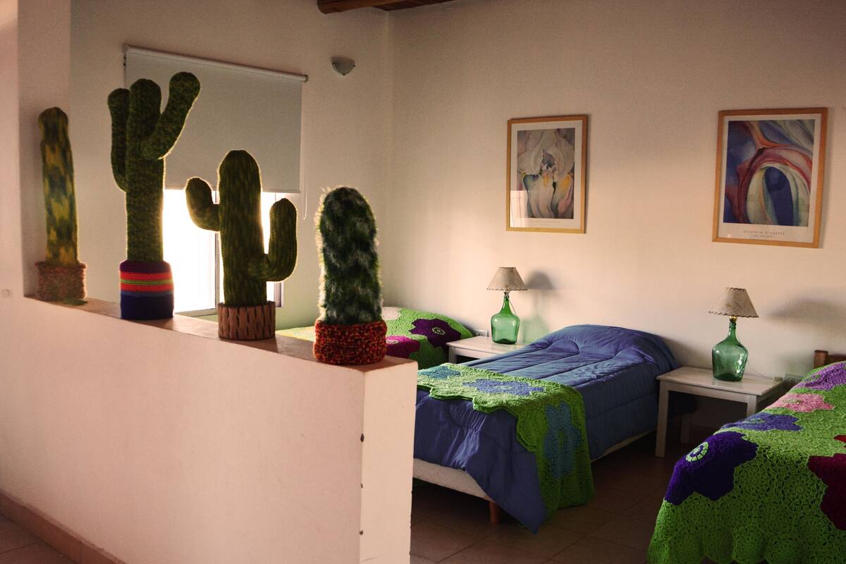 Un dormitorio con dos camas, una mesita de noche, una lámpara y tres cactus en macetas.