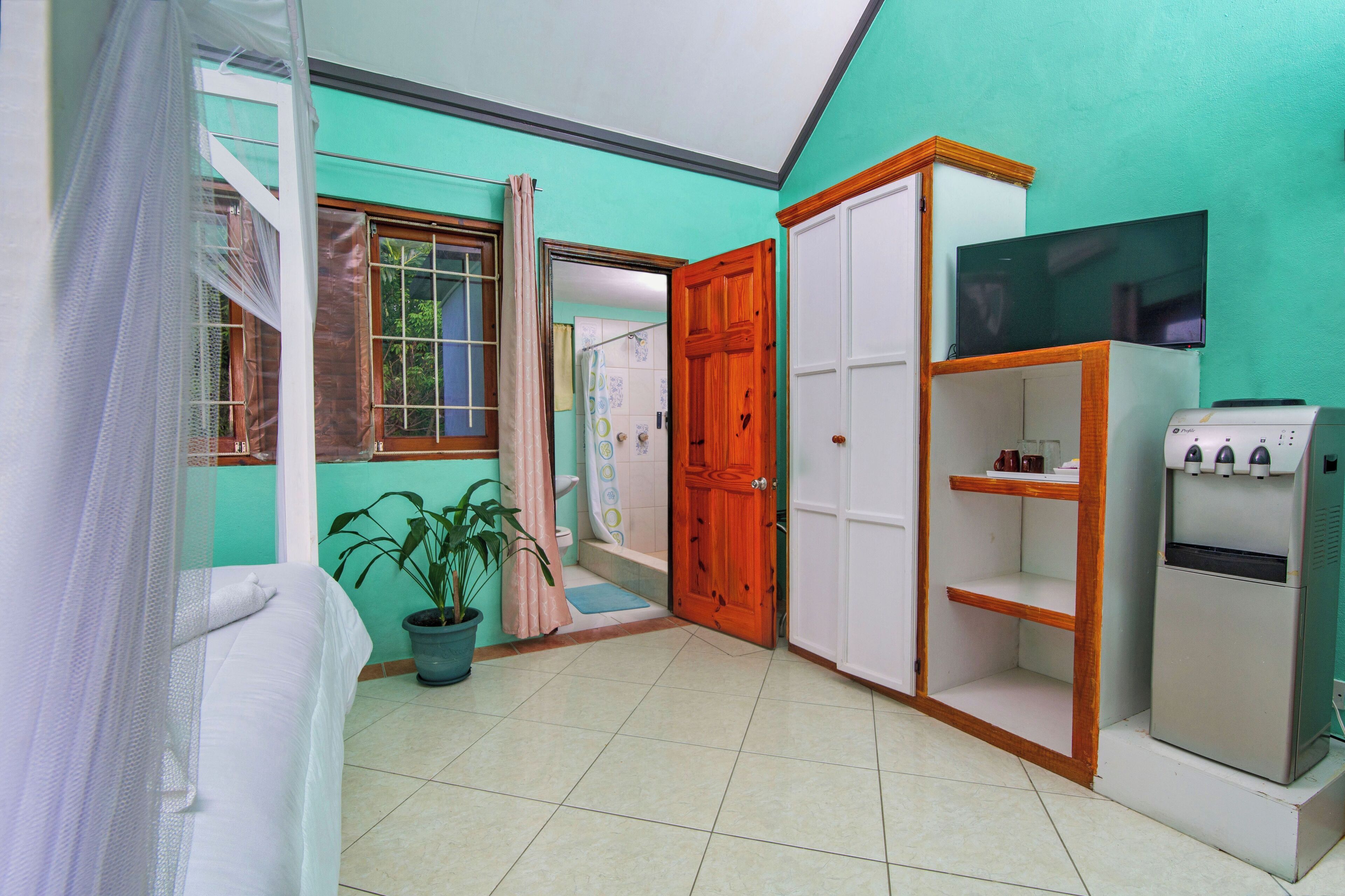 Une pièce comprenant un lit, une plante en pot, une armoire en bois, un meuble blanc et un distributeur d’eau.