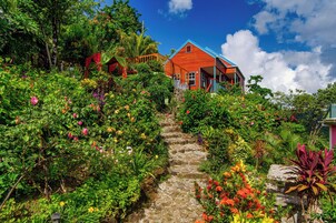 Uma casa vermelha com um caminho de pedra que leva até ela, cercada por vegetação exuberante e flores coloridas.
