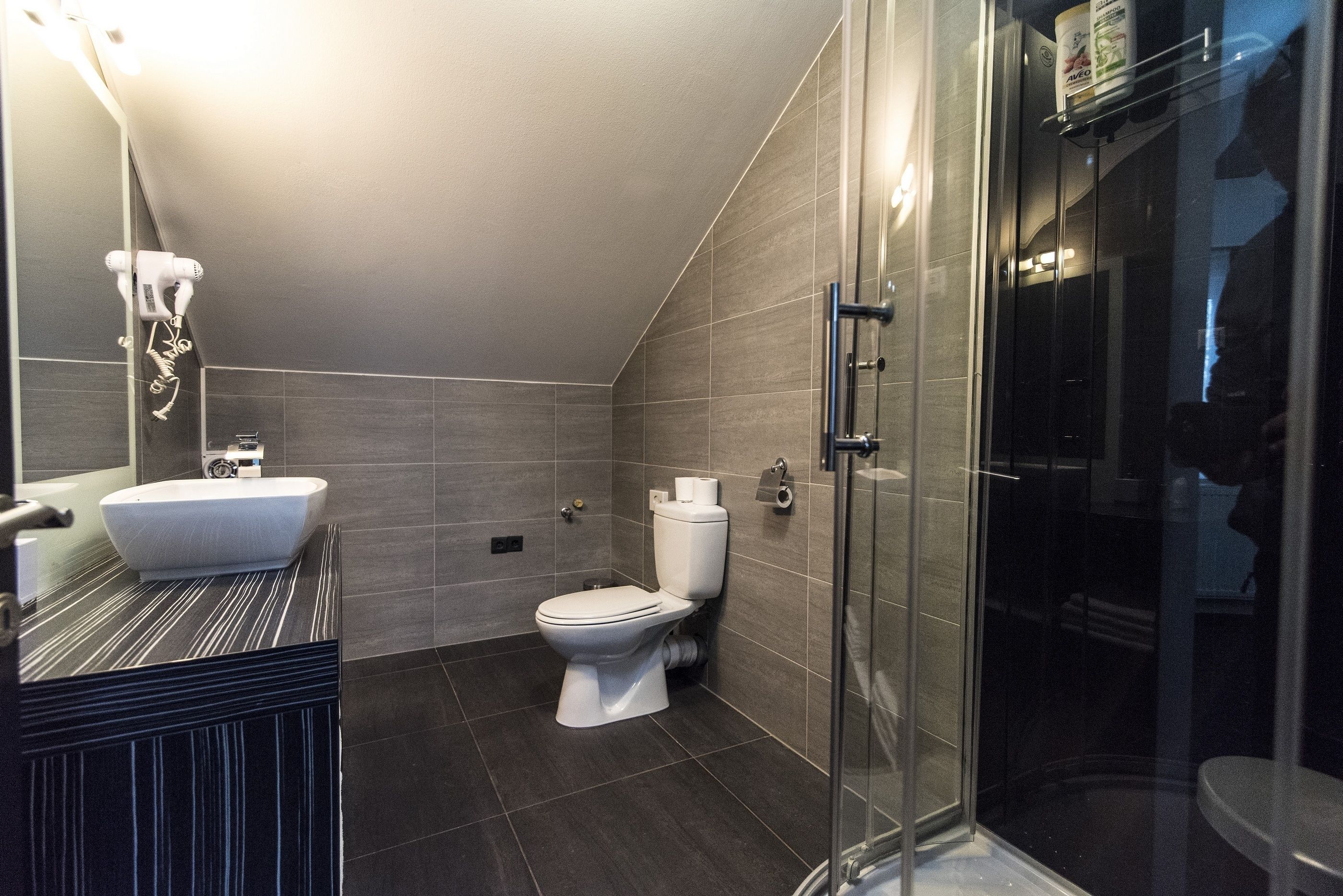 comfort family room | bathroom | shower, free toiletries, hair dryer, towels